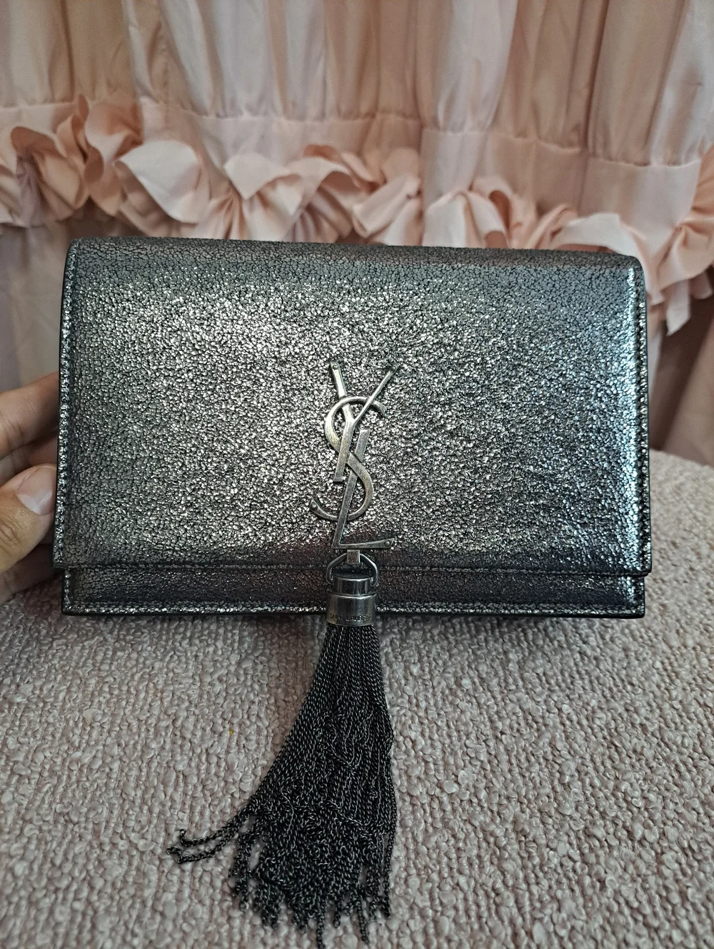 Yves Saint Laurent Silver Metallic Tassel Wallet Clutch - Picture 1 of 11